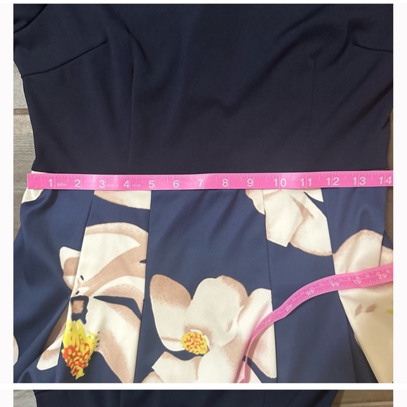 Beautiful navy blue dress with floral skirt and orange sash tie back zip large - Picture 8 of 13